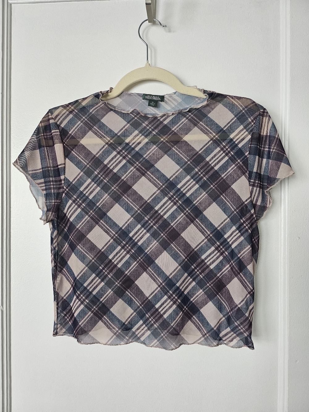 wild fable Burgundy, Navy, and Beige Sheer Plaid Short Sleeve Top